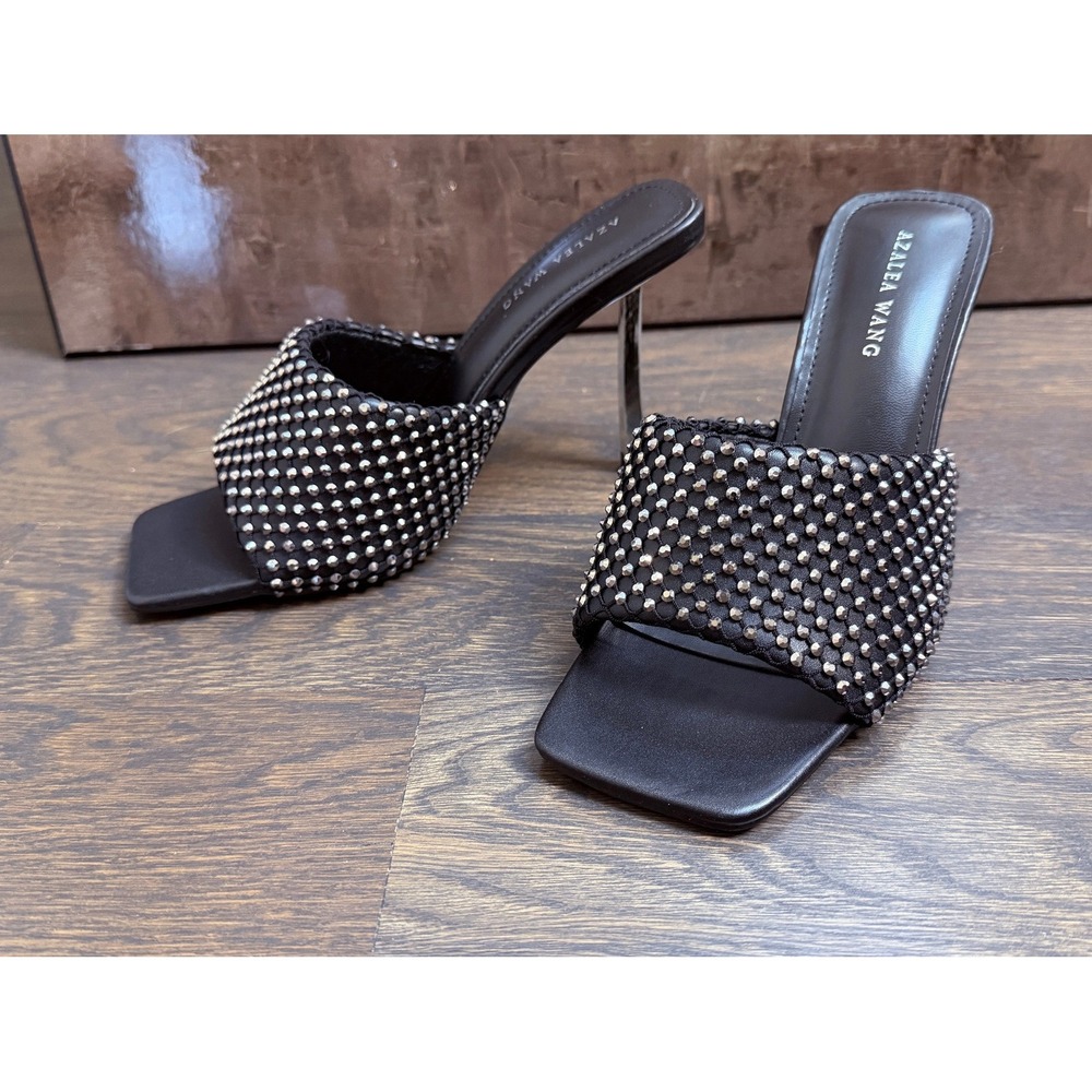 Azalea Wang Black Faux Leather Embellished Rhinestones Stiletto Heel Mules  sz 7